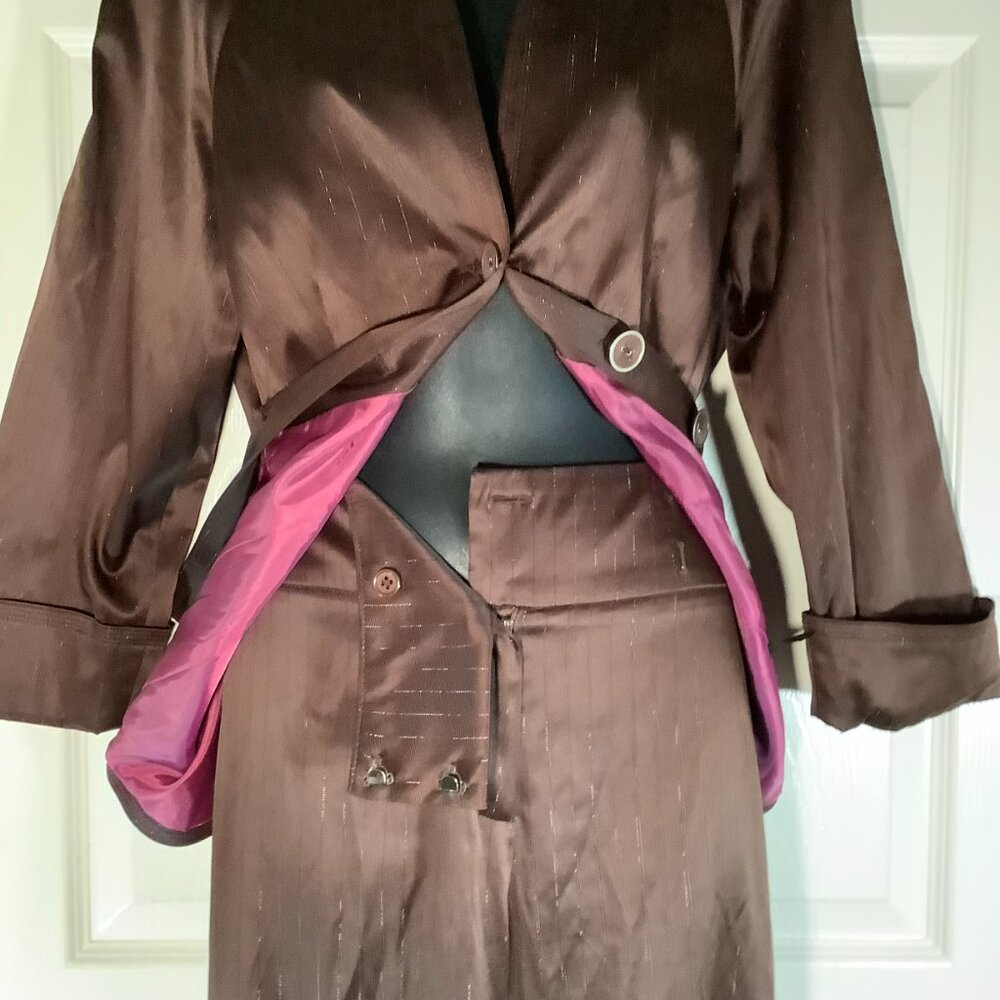 Signature by Larry Levine Women Chocolate Striped Satin Pants Suit